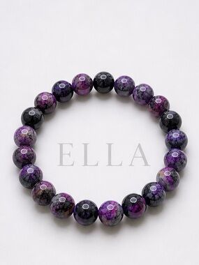 Purple Black Marbled Glass Beaded Stretch Bracelet|10 MM Beads|Stackable Jewelry